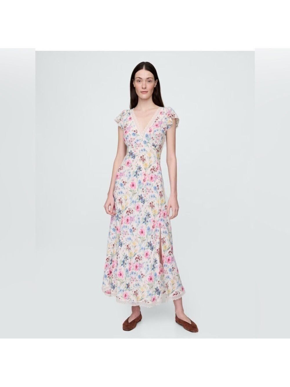 Gap Floral Crepe Lace Trim Neckline Babydoll Y2K Maxi Dress Wedding Guest L Tall